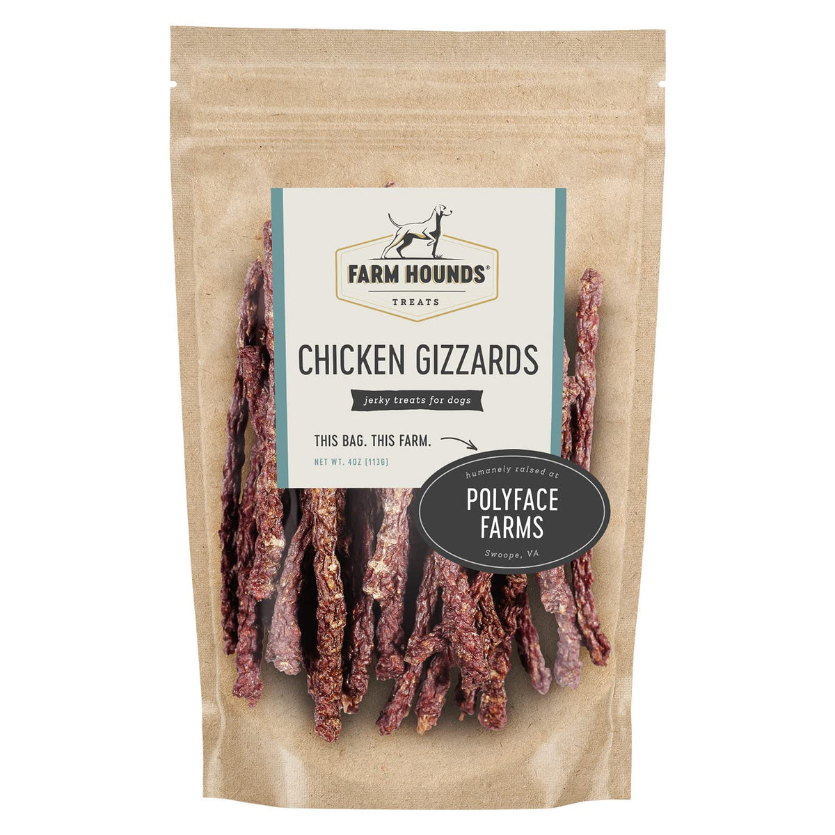 Farm Hounds gésiers de poulet tranche sèche 4oz prêt à offrir comme friandise naturelle.