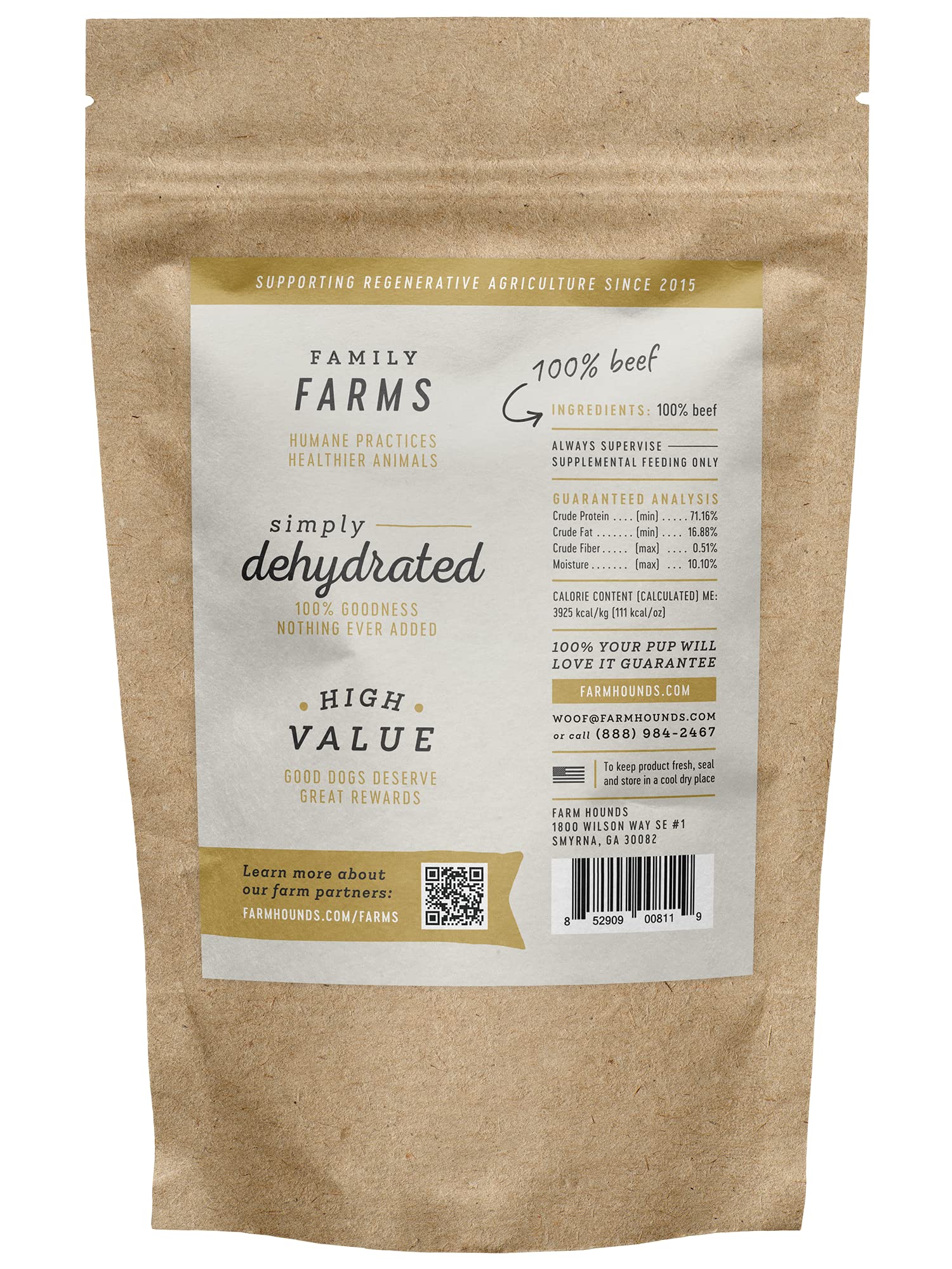 Farm Hounds Jerky Boeuf - Étiquette claire et traçabilité d’origine.