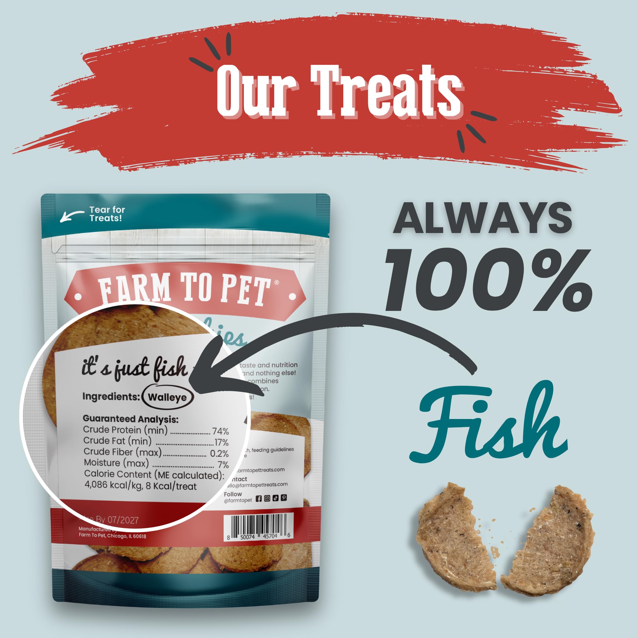 Chips poisson walleye Farm To Pet, ingrédient unique, snack naturel pour chiens.