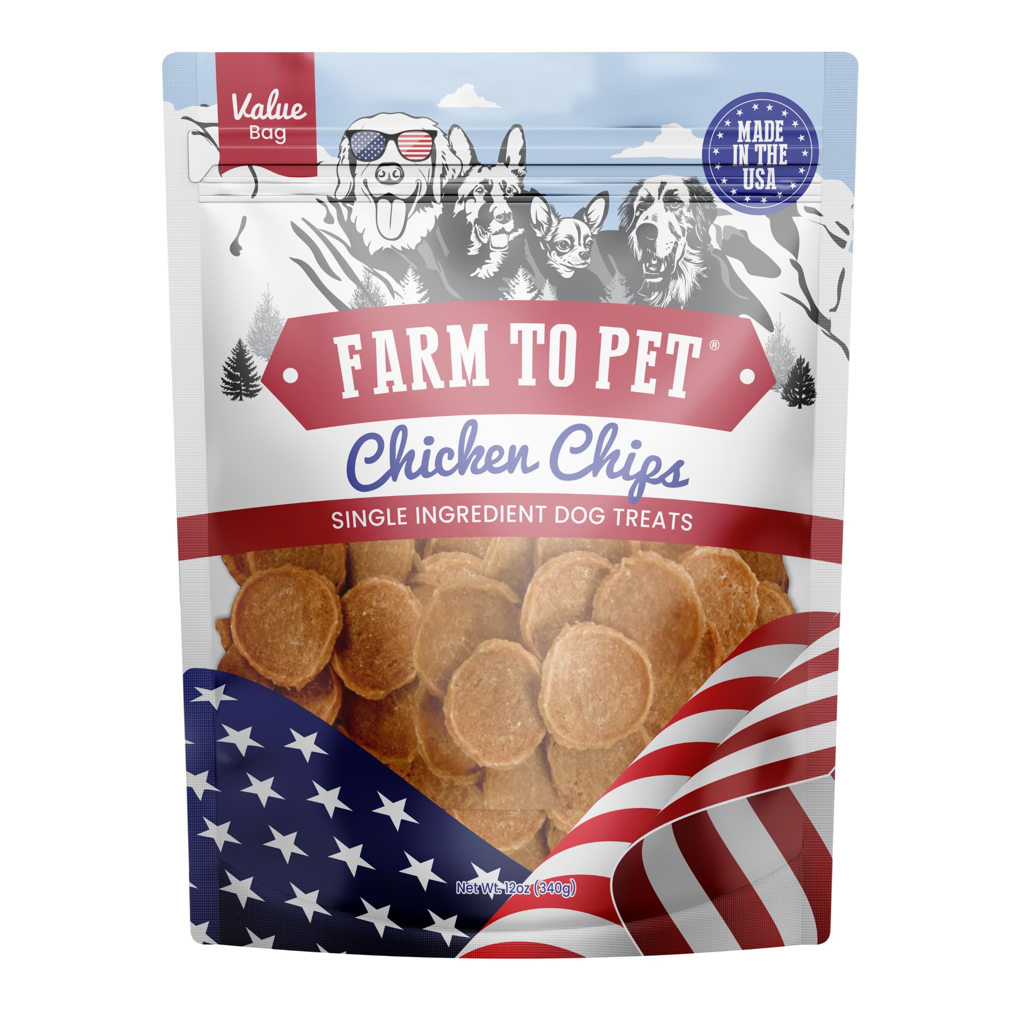 Friandise Farm To Pet Chips, emballage clair, idéale pour l'entraînement.
