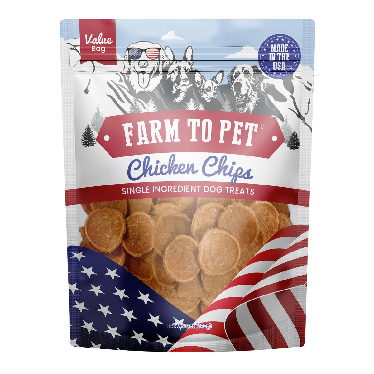 Friandise Farm To Pet Chips, emballage clair, idéale pour l'entraînement.