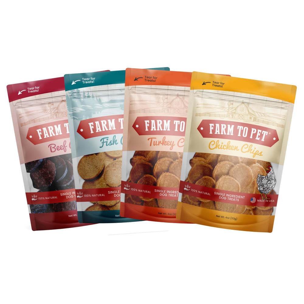 Friandise d'entraînement Farm To Pet chips poulet, légère et naturelle pour chien, favorise les séances d'obéissance.