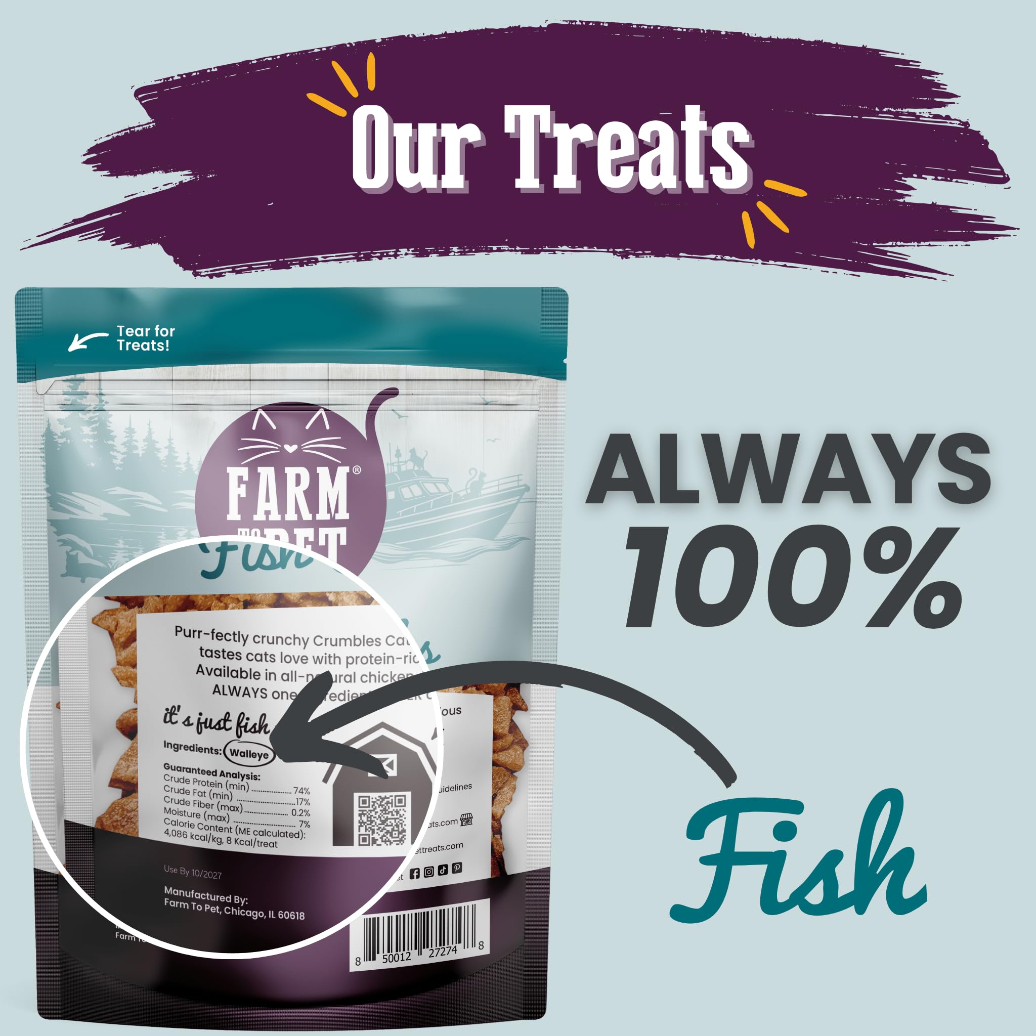 Farm To Pet croquant poisson walleye - snack adapté à l'alimentation humide comme garniture