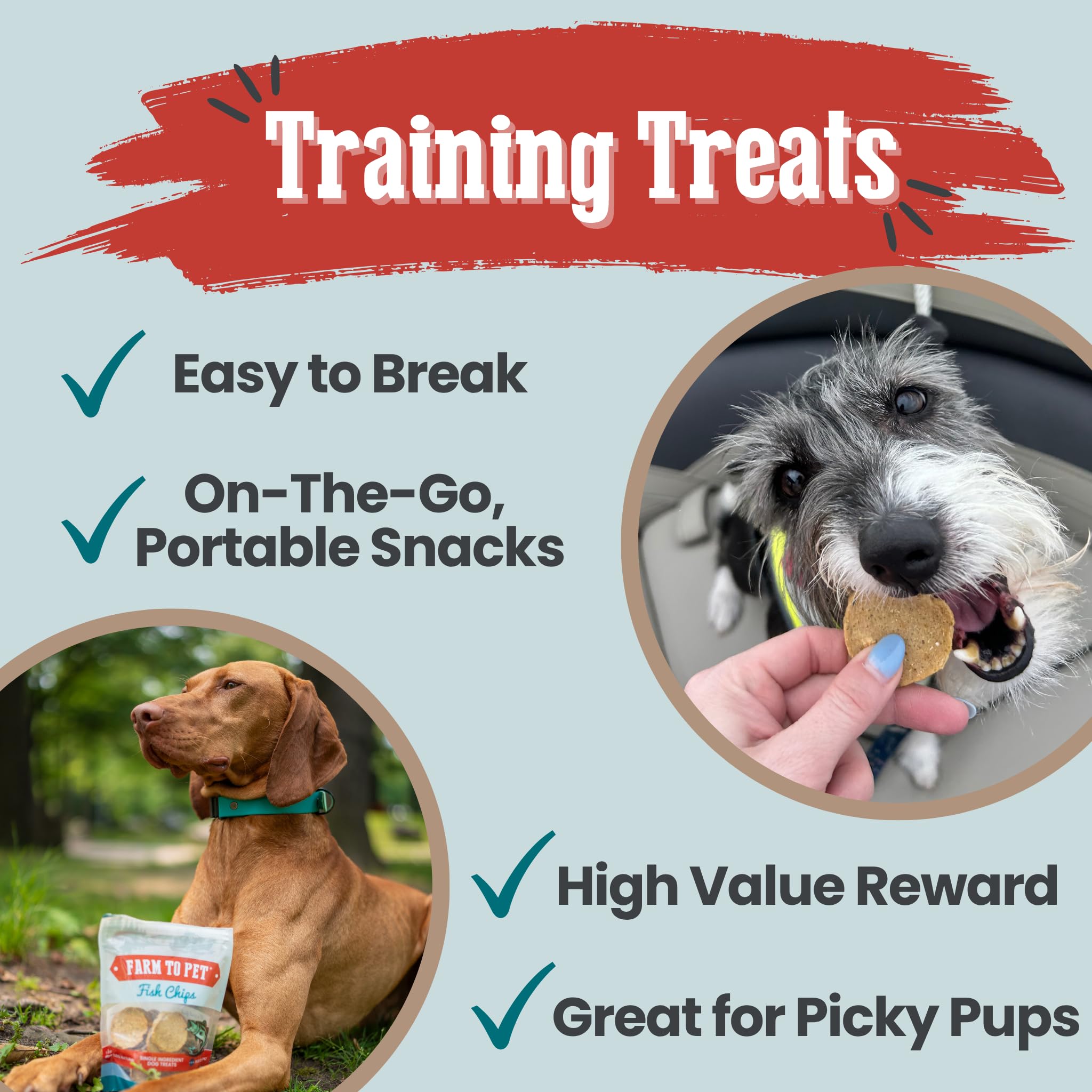 Entraînement canin avec Farm To Pet: chips faciles à casser pour récompenses.