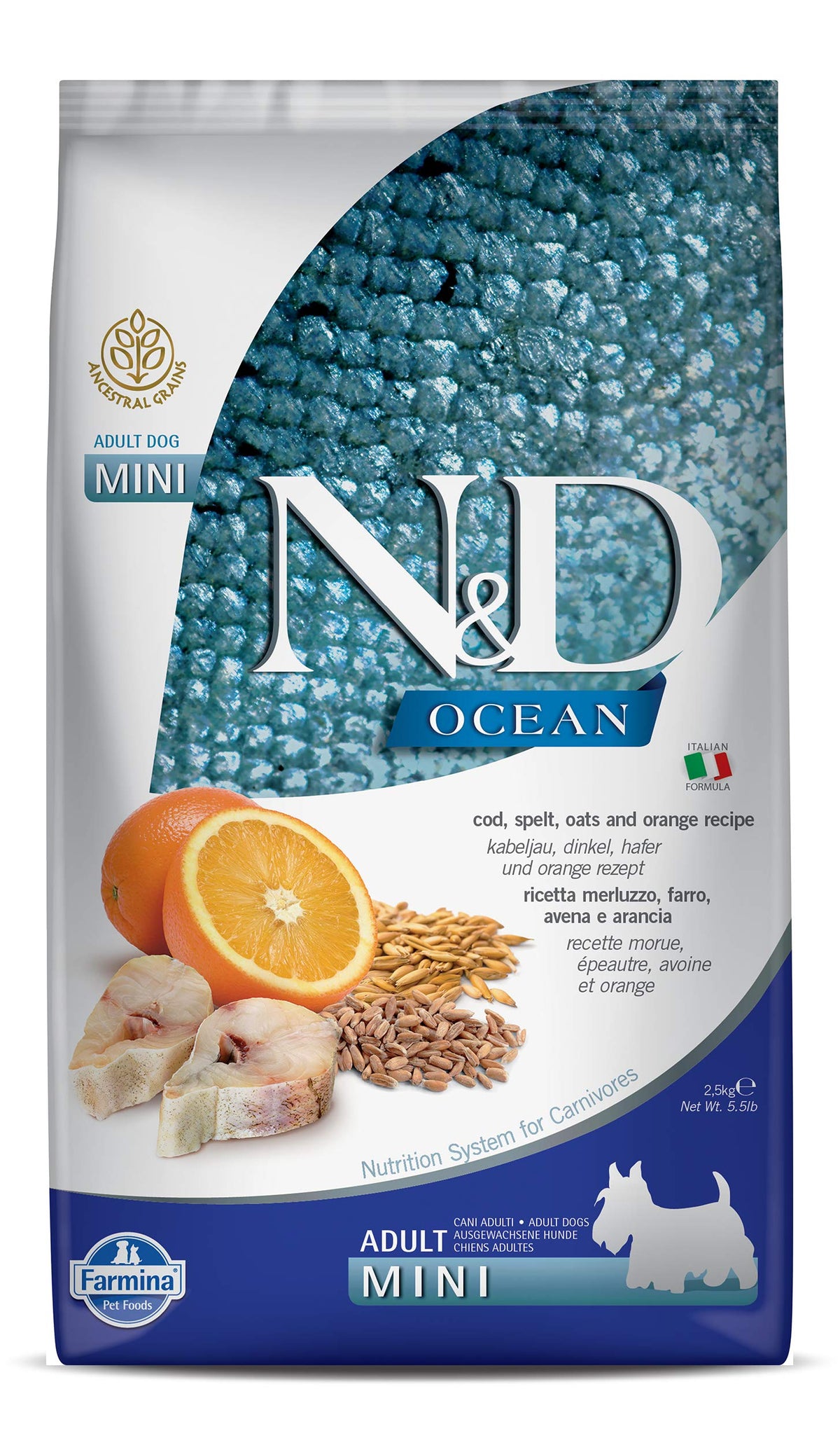 Farmina Cod-Spelt-Oats-Orange Mini, sachet pratique pour une alimentation équilibrée.