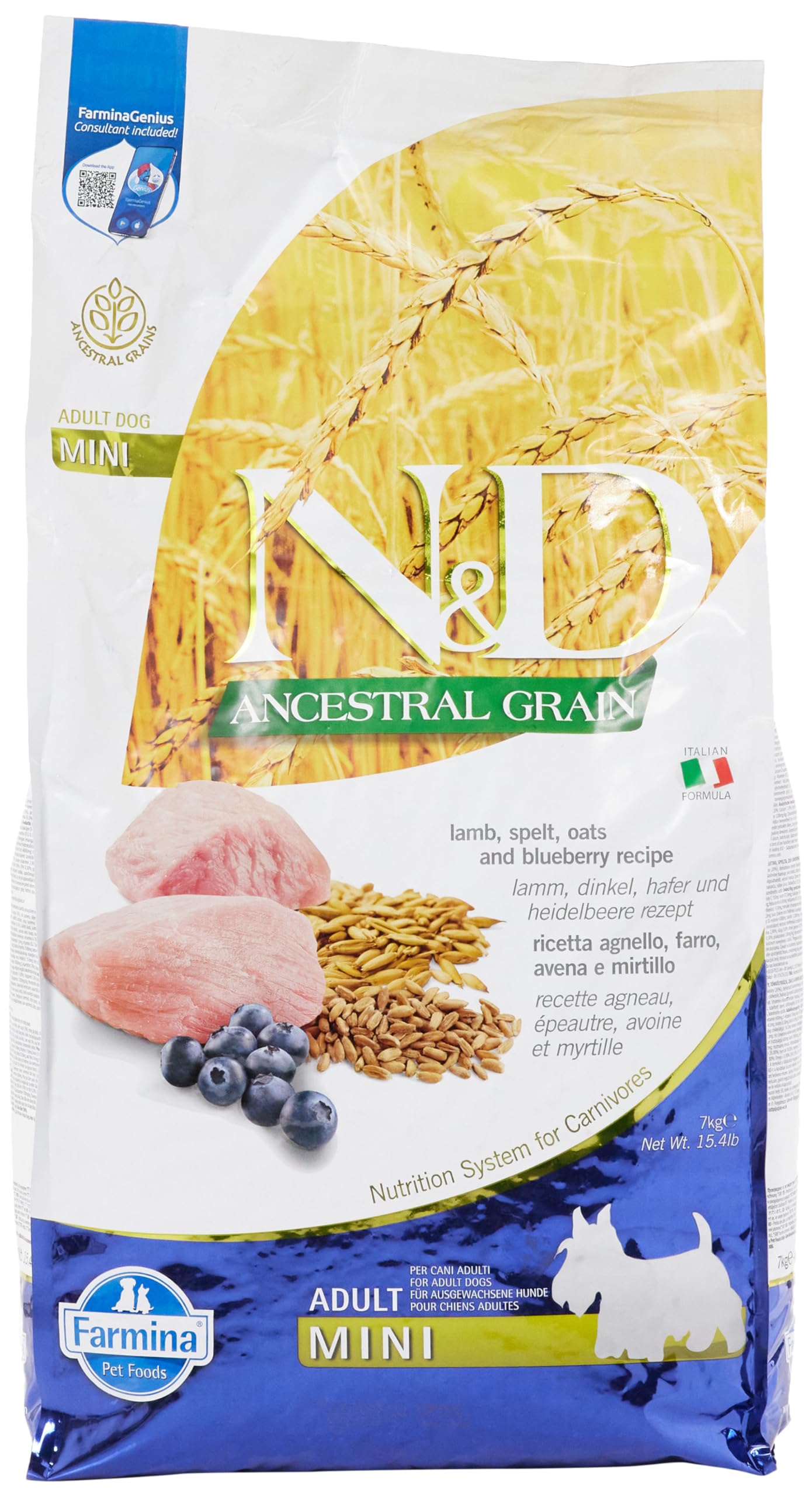 Farmina N&D croquettes agneau-myrtille mini, croquant appétent pour chien adulte petit.