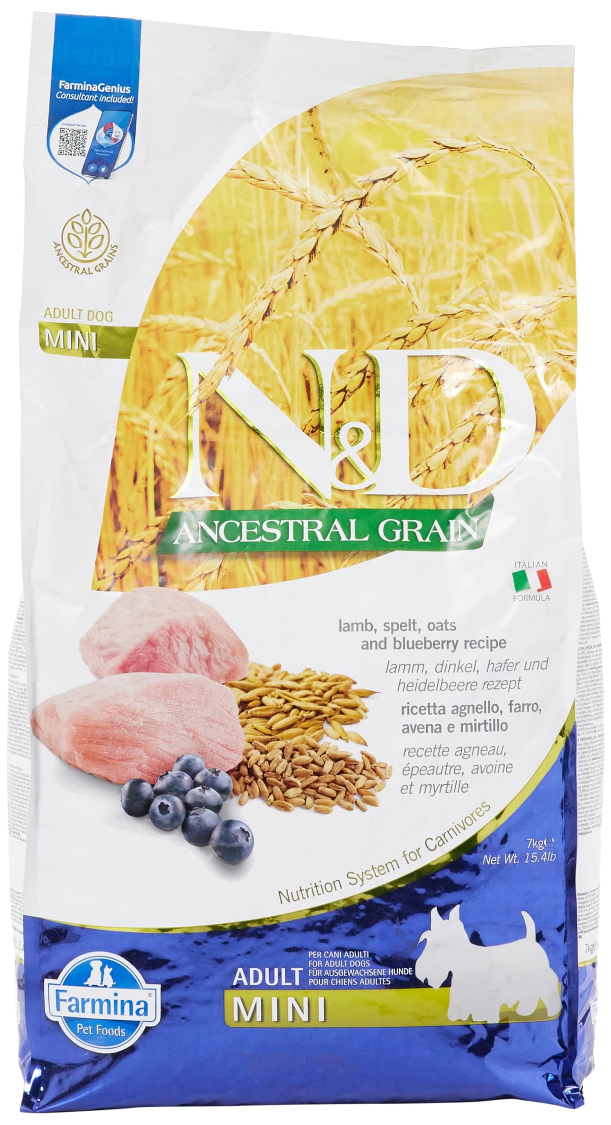Farmina N&D croquettes agneau-myrtille mini, croquant appétent pour chien adulte petit.