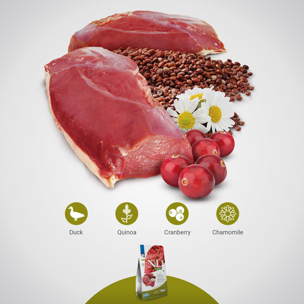 Canneberge et nutriments utiles dans Farmina N&D Quinoa Urinaire Canard Formule.