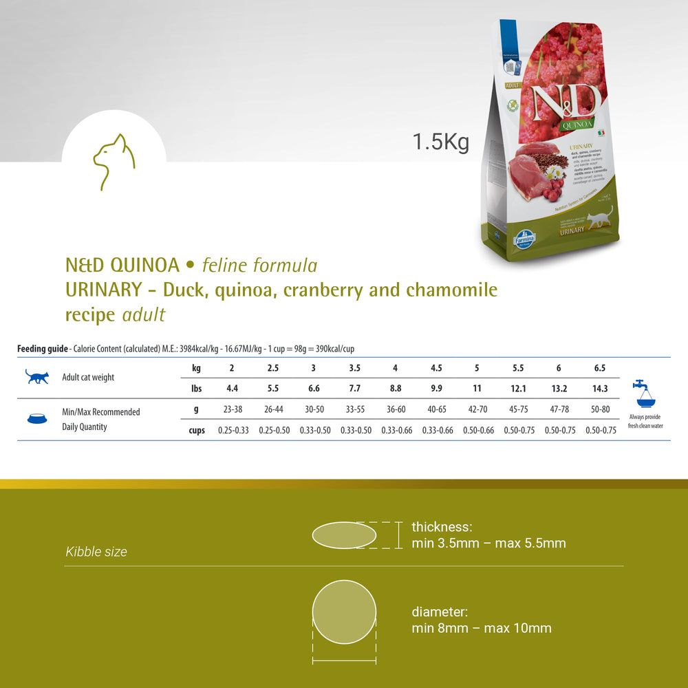 Indice glycémique bas pour Farmina N&D Quinoa Urinaire Canard Formule, énergie stable.