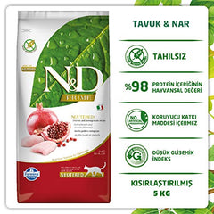 Farmina N&D GF sans cereales pour chat, aide potentielle à la sante urinaire et digeste.