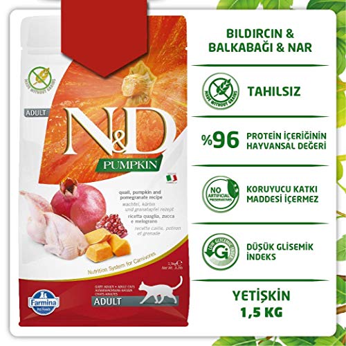Ingrédients clés: citrouille, caille et grenade pour une alimentation riche en antioxydants.