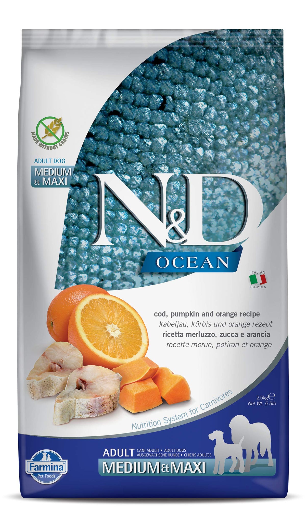 Emballage Farmina N&D Ocean Morue, Citrouille et Orange pour chiens moyen et grand.