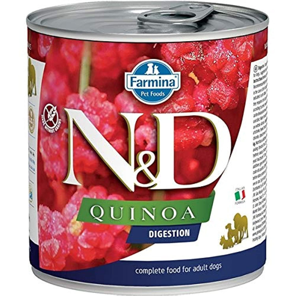 Farmina N&D Quinoa Digestion Adulte en conserve pour chien, texture appétissante et utilisation quotidienne.