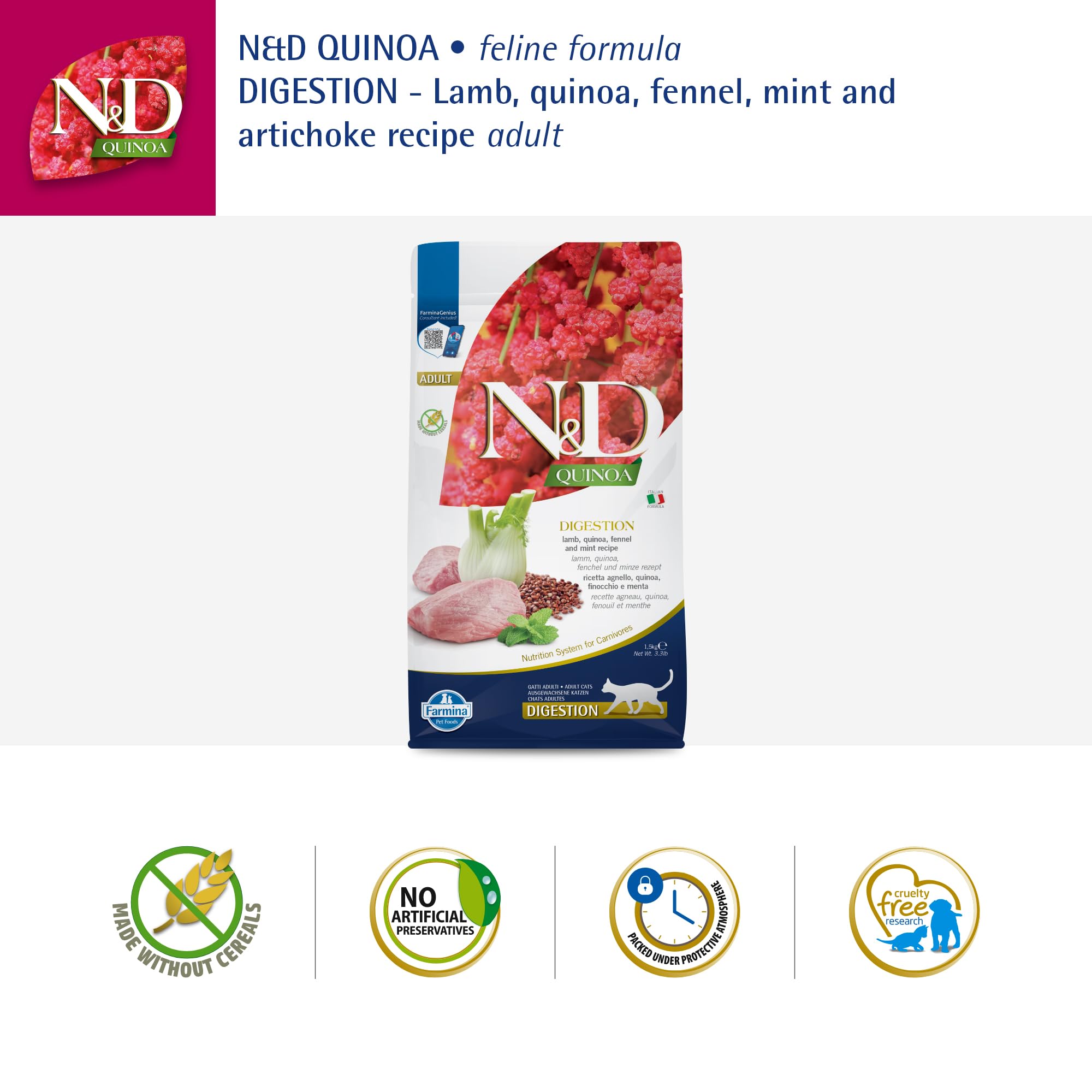 Farmina N&D Quinoa Digestion bol chat prêt à servir.
