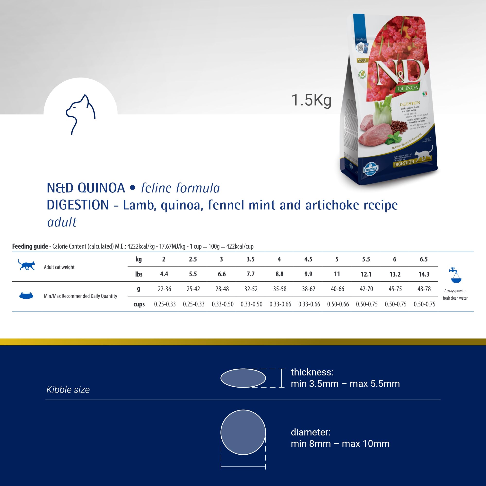 Farmina N&D Quinoa Digestion portions faciles à mesurer.