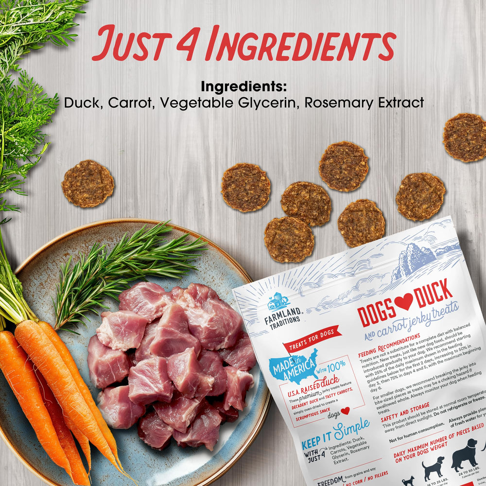 Farmland Traditions canard-carotte-jerky-texture-douce : texture tendre idéale pour chiens.
