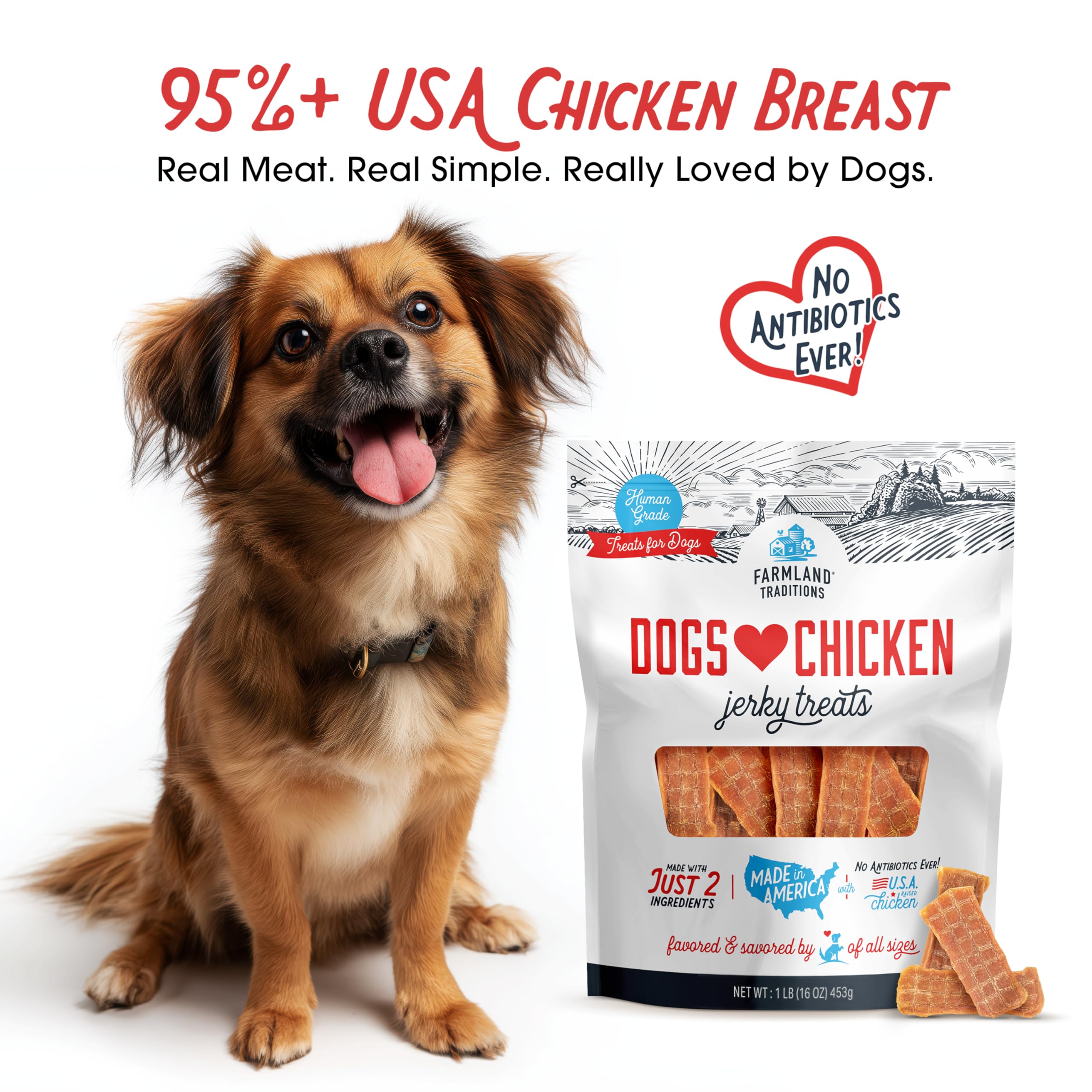 Farmland Traditions jerky poulet maigre sans antibiotiques, idéal pour le dressage.