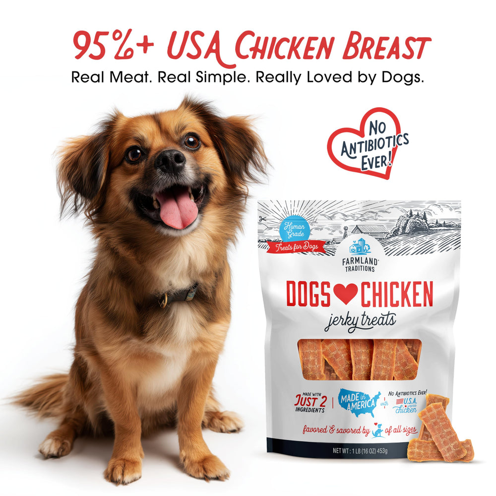 Farmland Traditions jerky poulet maigre sans antibiotiques, idéal pour le dressage.