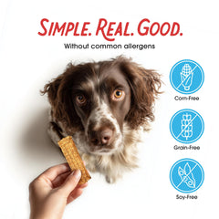 Farmland Traditions jerky poulet sans céréales, option hypoallergénique pour chiens sensibles.
