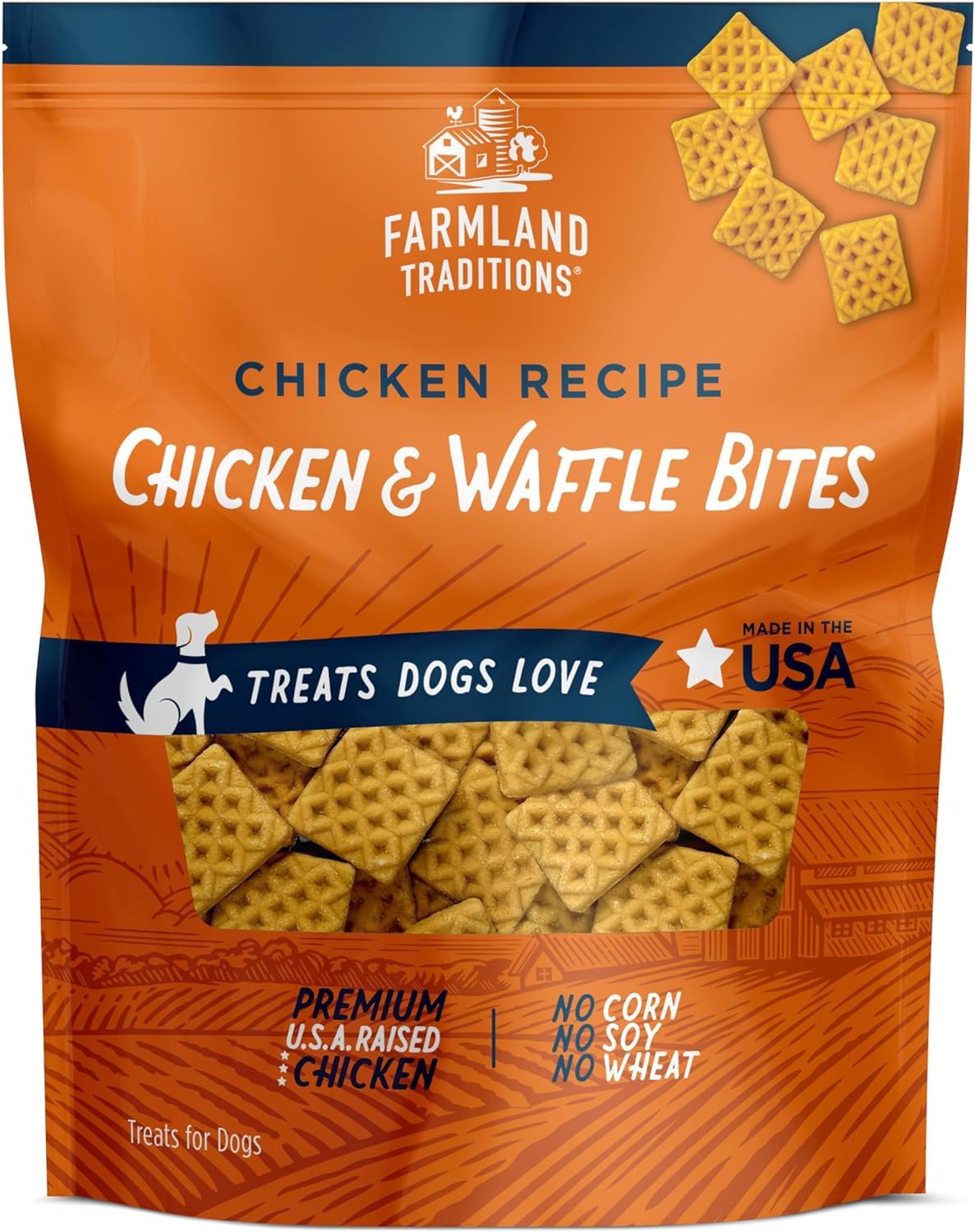 Farmland Traditions: sac bouchées poulet et gaufre, récompense pratique et savoureuse.