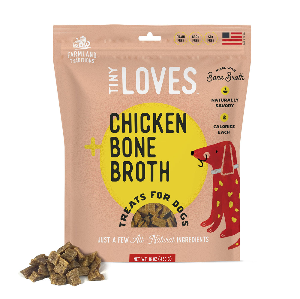 Friandise d'entraînement Farmland Traditions Tiny Loves Jerky au poulet avec bouillon d'os, récompense savoureuse.