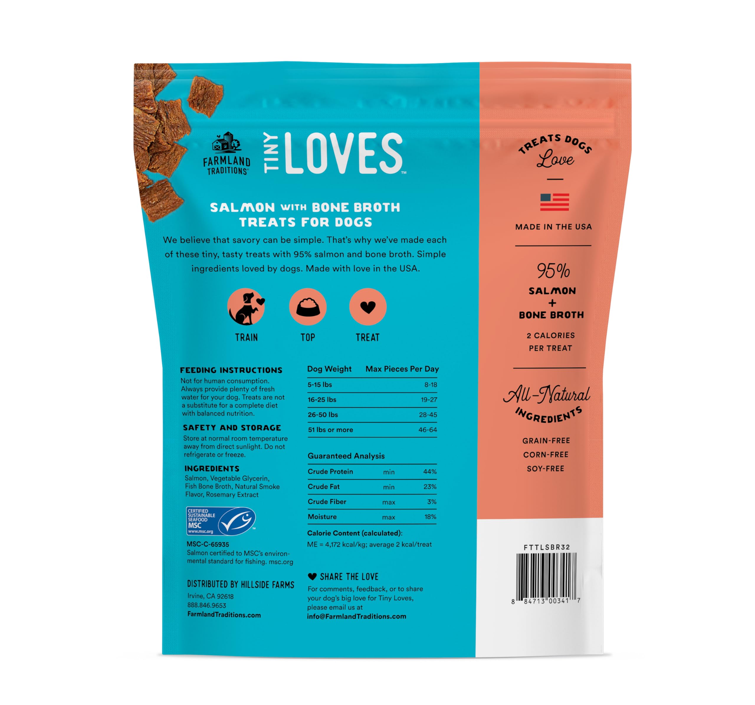 Farmland Traditions Tiny Loves Jerky Trainer saumon bouillon d'os, parfaite récompense après une balade.