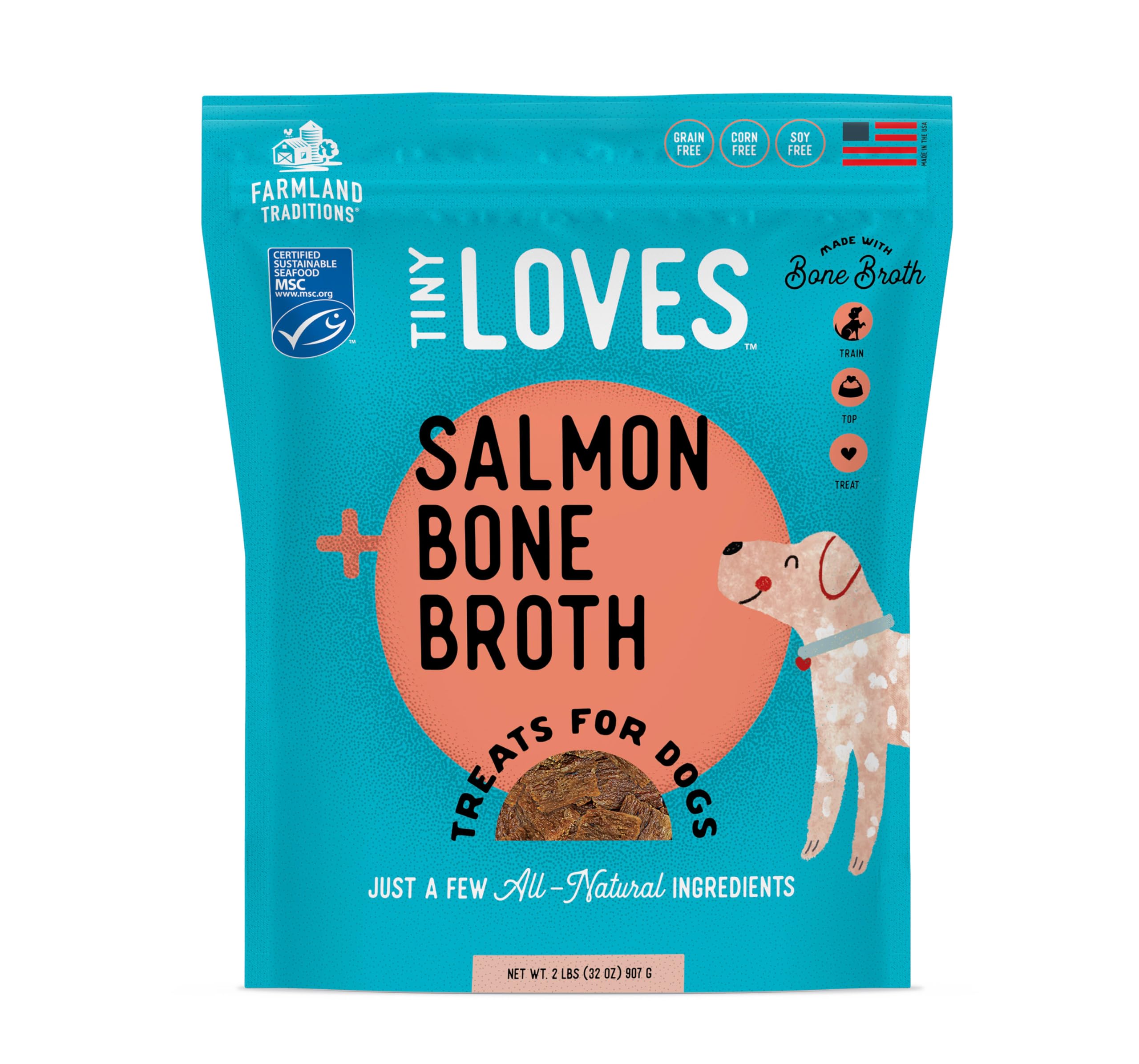 Farmland Traditions Tiny Loves Jerky Trainer saumon bouillon d'os, friandise d'entraînement savoureuse.