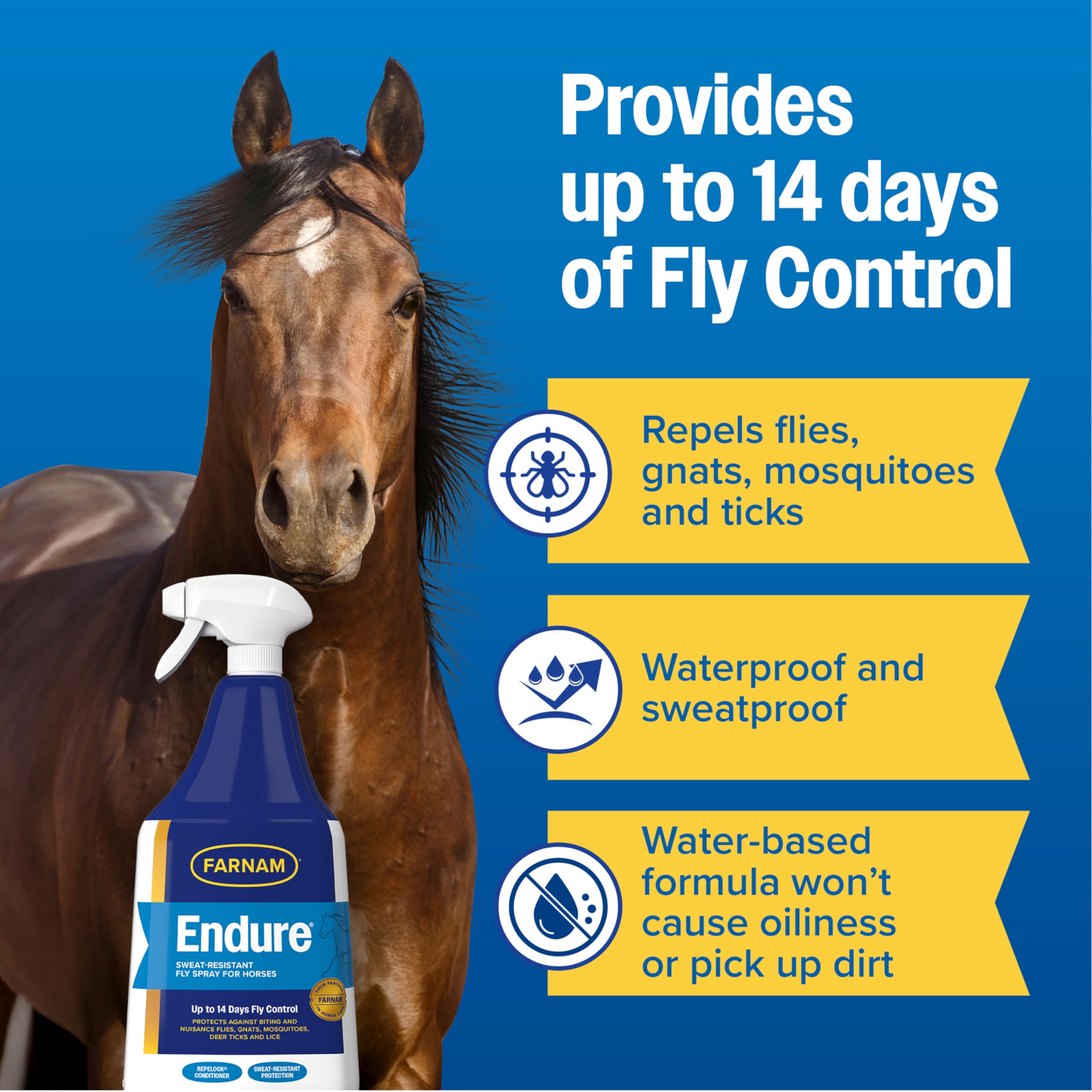 Farnam Endure: technologie Repelok aidant à protéger le poil du cheval.