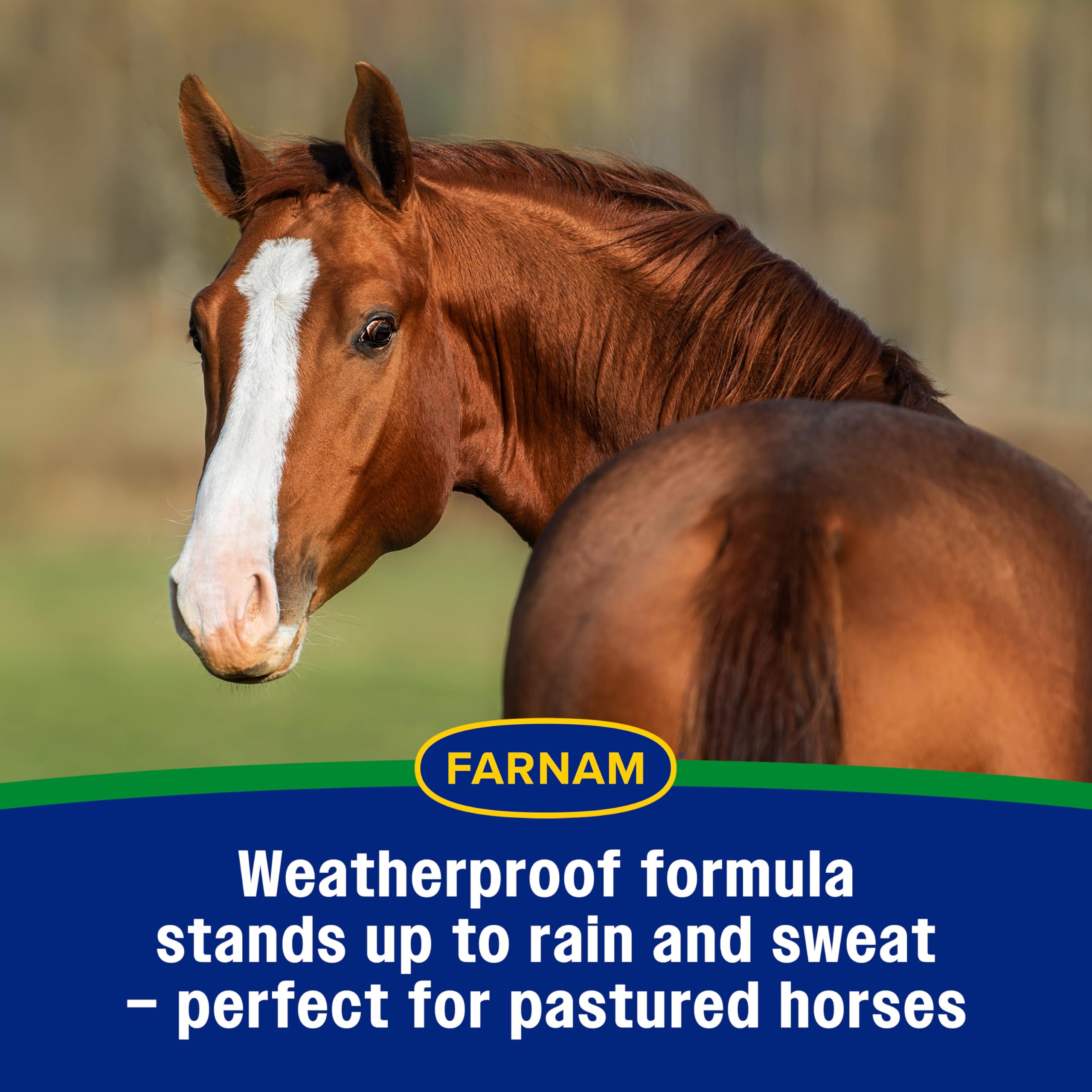 Farnam Equi-Spot formule résistante à la sueur et aux intempéries.
