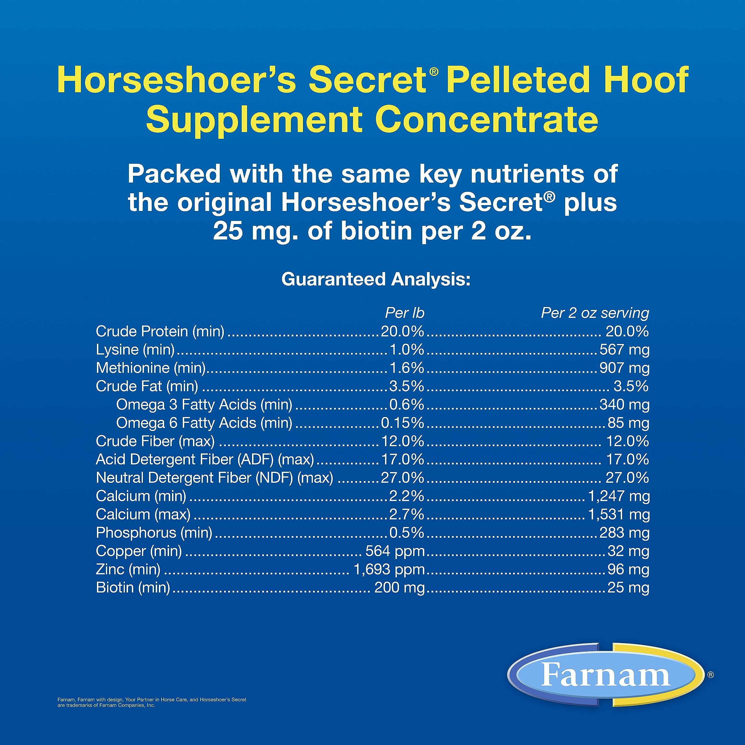 Biotine et minéraux dans Farnam Horseshoer’s Secret favorisant la croissance interne.