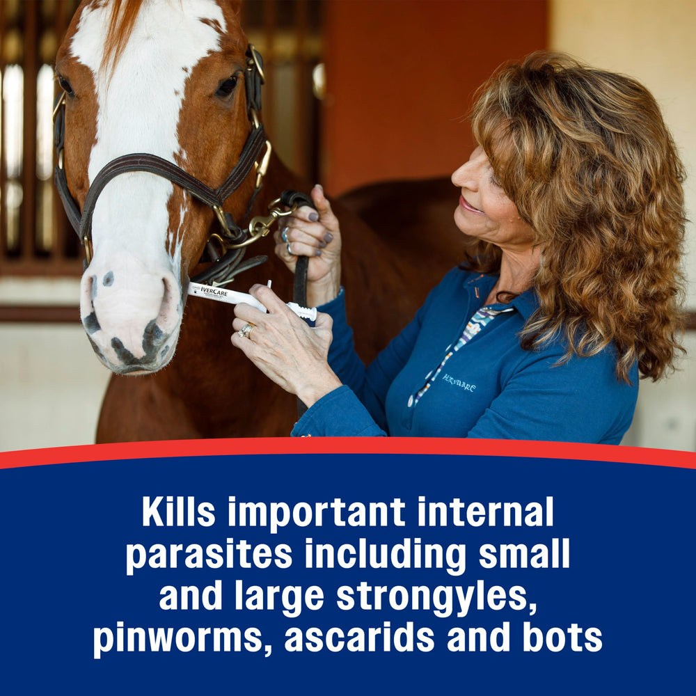 Cheval recevant Farnam IverCare, antiparasitaire efficace en une dose.