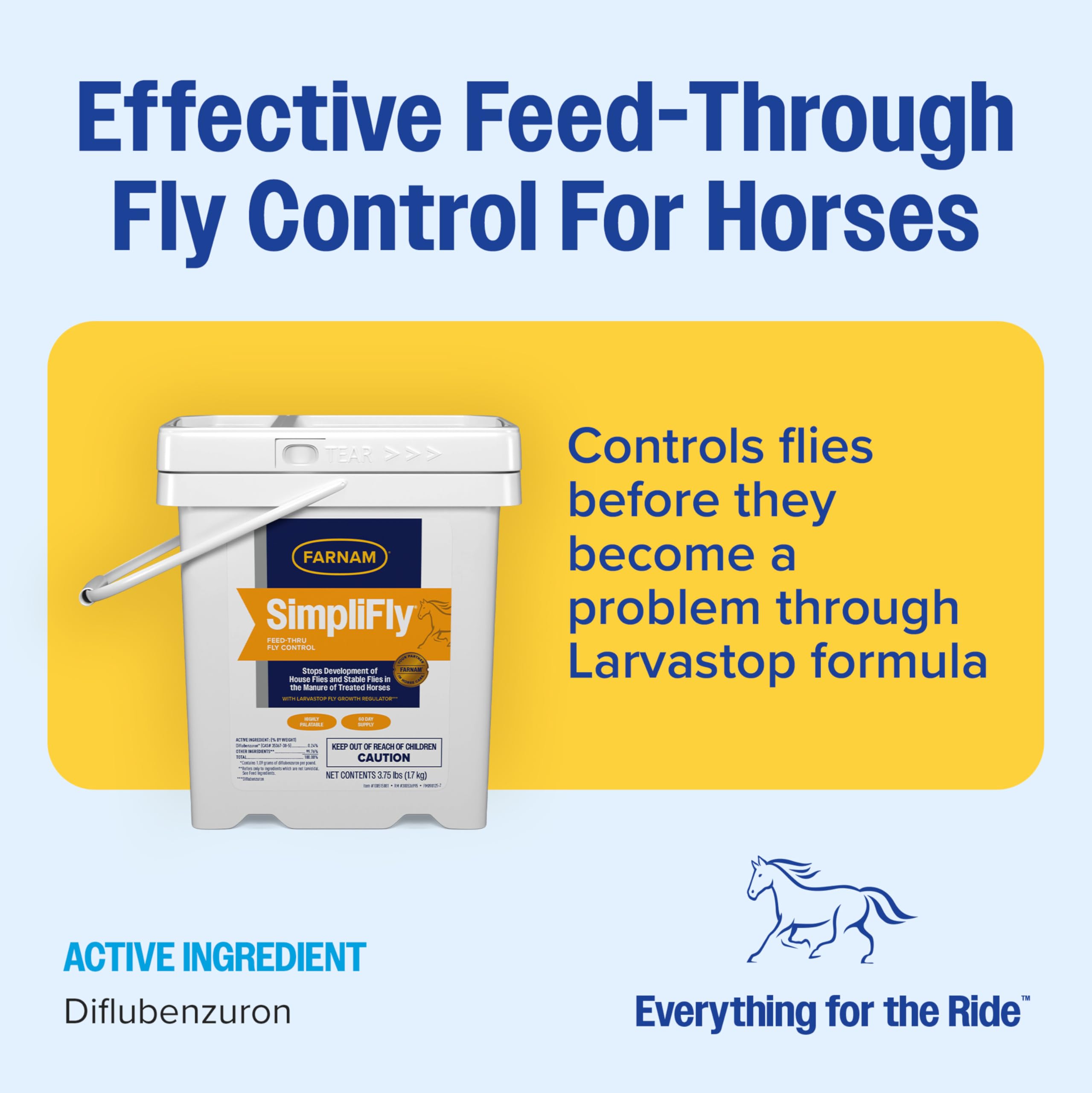 Farnam SimpliFly pellets au goût alfalfa, facile à ajouter à la ration.