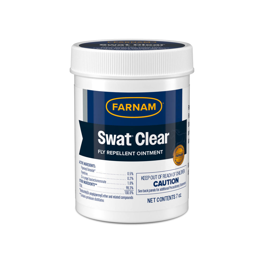 Pommade Swat Farnam appliquée sur blessure équine, protection anti-mouches.