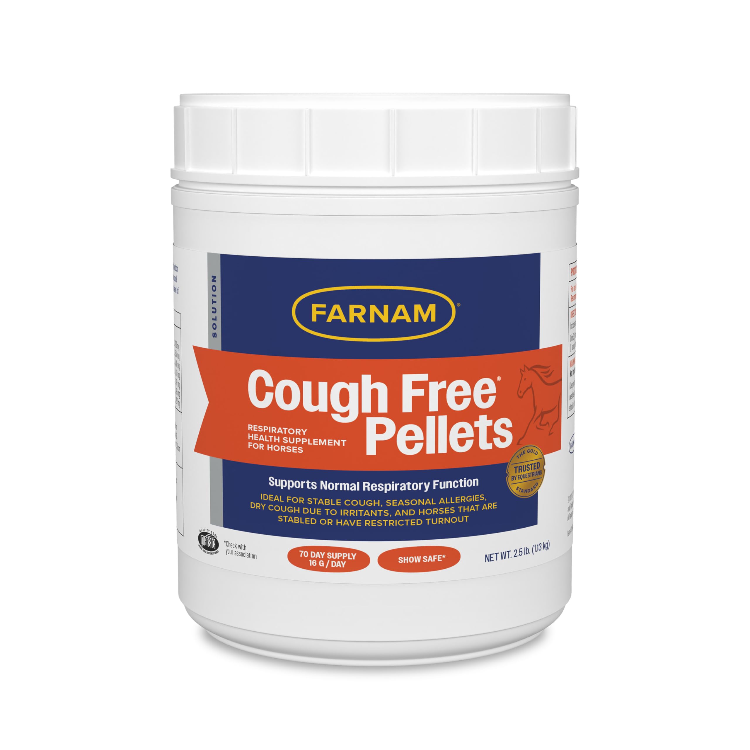 Farnam Cough Free emballage et pellets appétents pour chevaux.