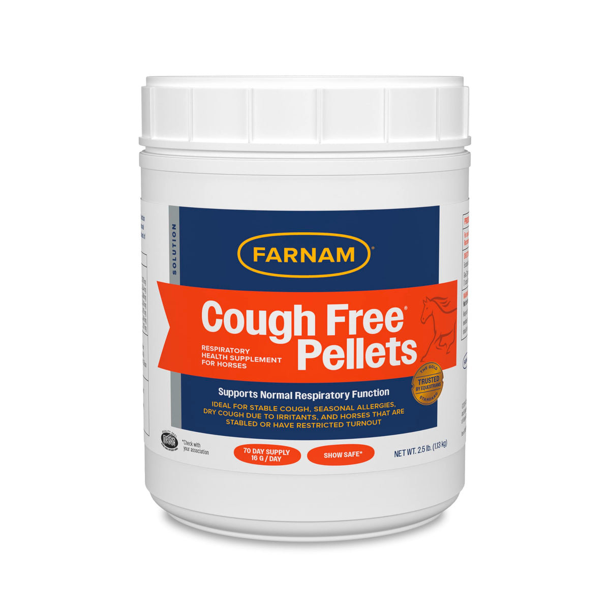 Farnam Cough Free emballage et pellets appétents pour chevaux.