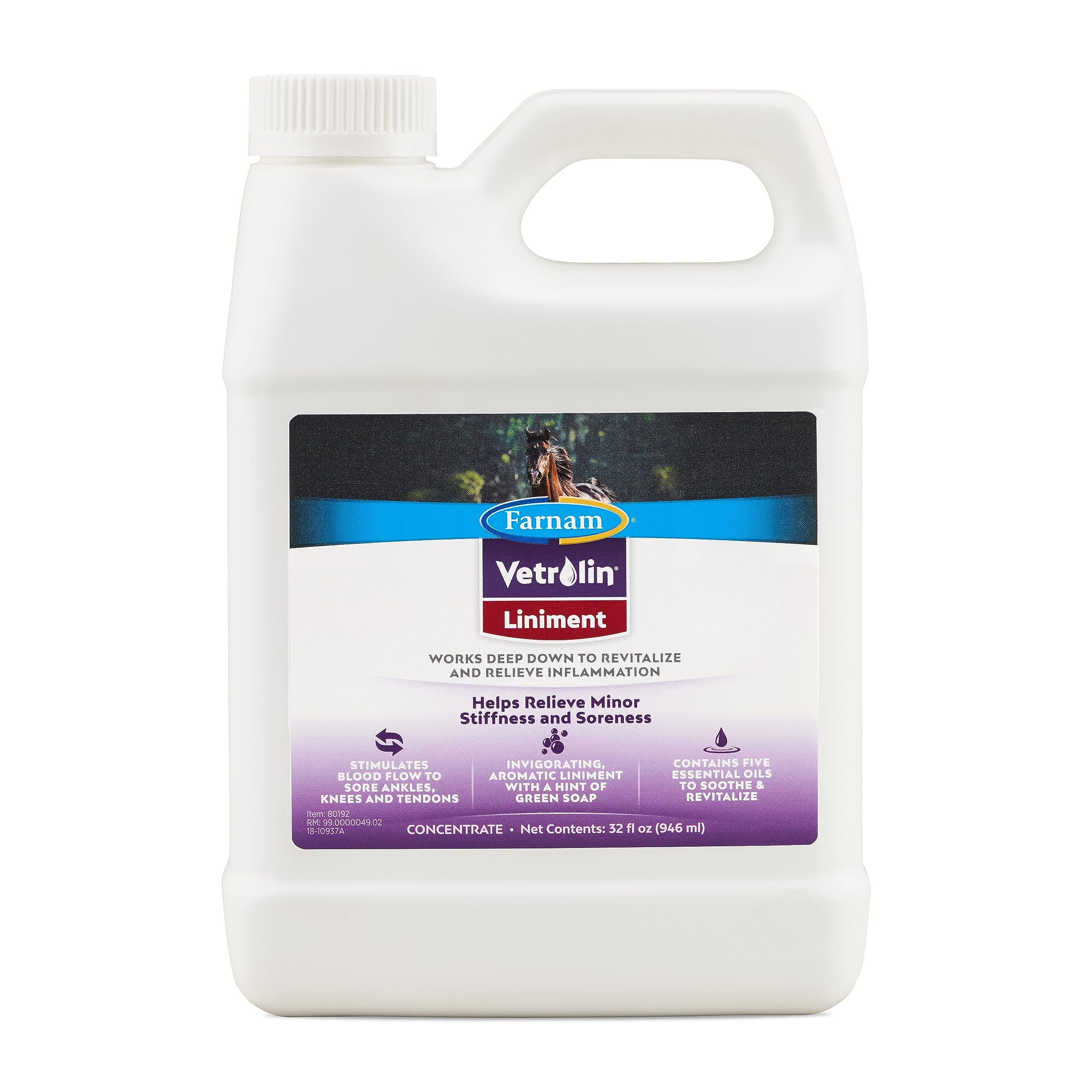 Vetrolin Farnam, flacon liniment cheval, confort musculaire après l’effort.