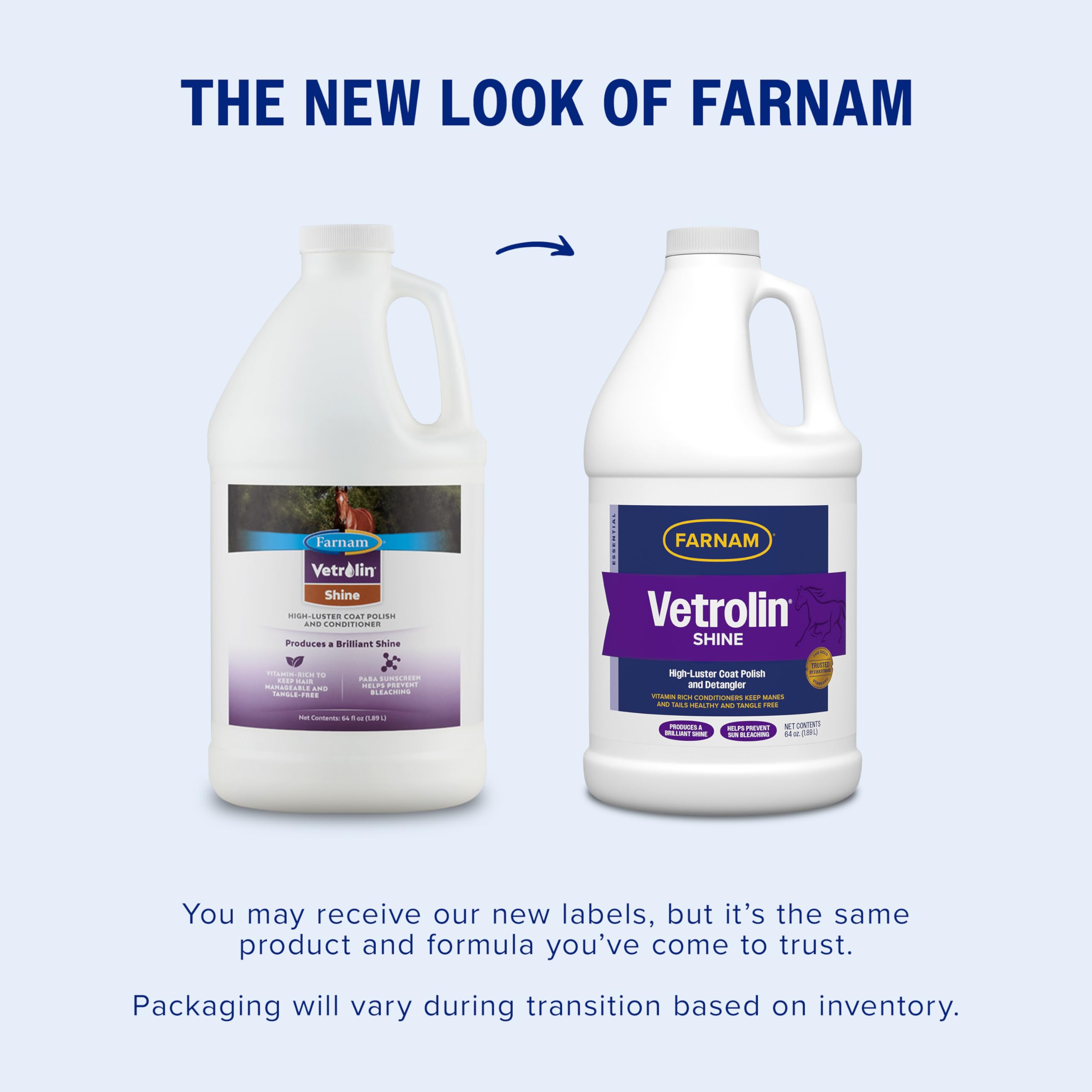 Brillance homogène du pelage du cheval avec Vetrolin Shine Farnam.