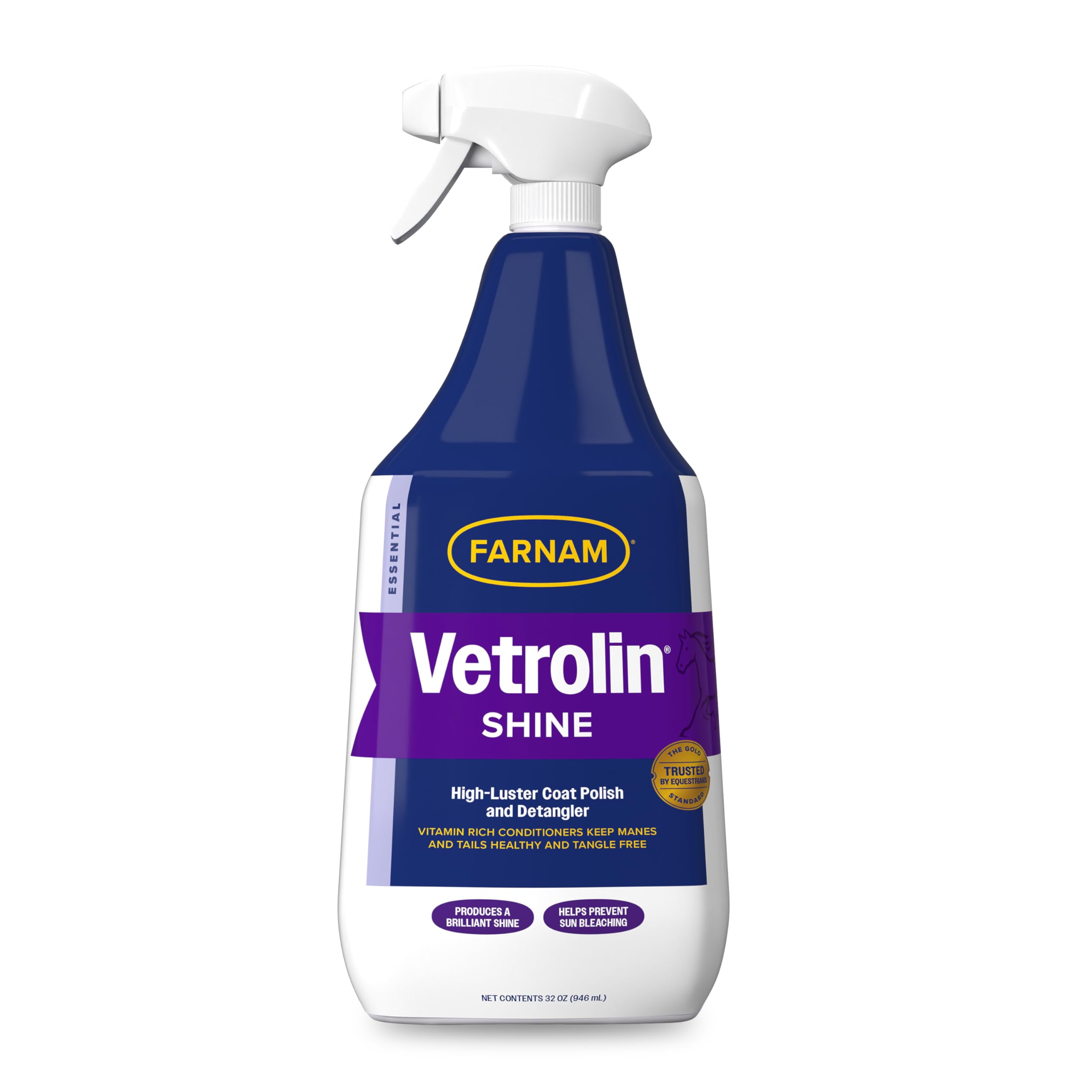 Farnam Vetrolin Shine sur le poil du cheval pour une brillance durable.