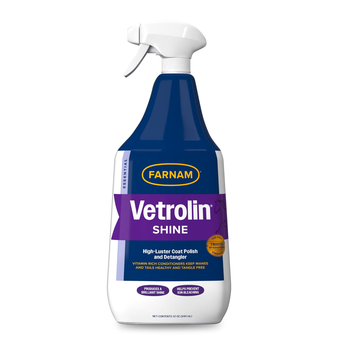 Farnam Vetrolin Shine sur le poil du cheval pour une brillance durable.