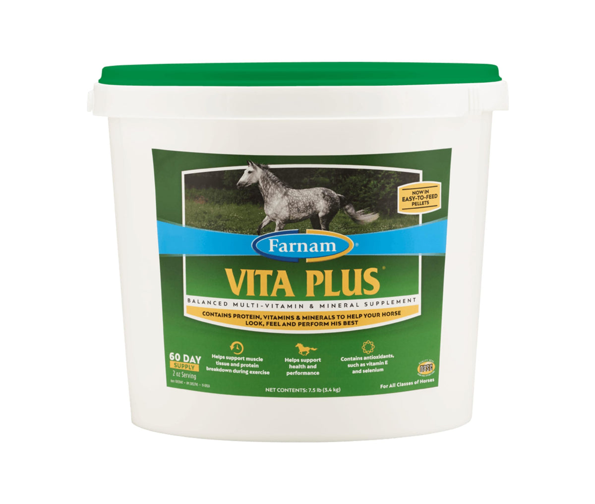 Farnam Vita Plus : pellets de complément nutritionnel, soutien la vitalité du cheval.
