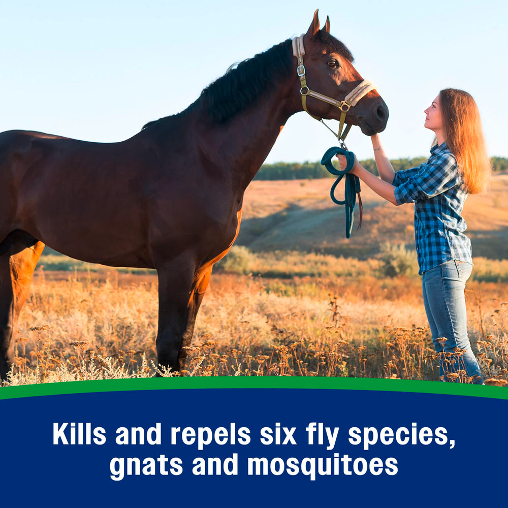Protection contre six espèces d’insectes avec Farnam Wipe II Brand Fly Spray.