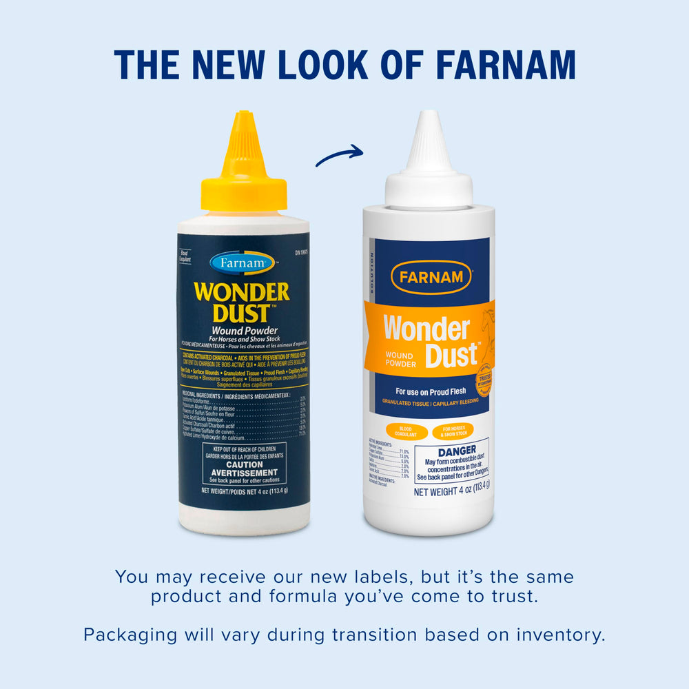 Application Farnam Wonder Dust sur une blessure équine avec soin simple et efficace.