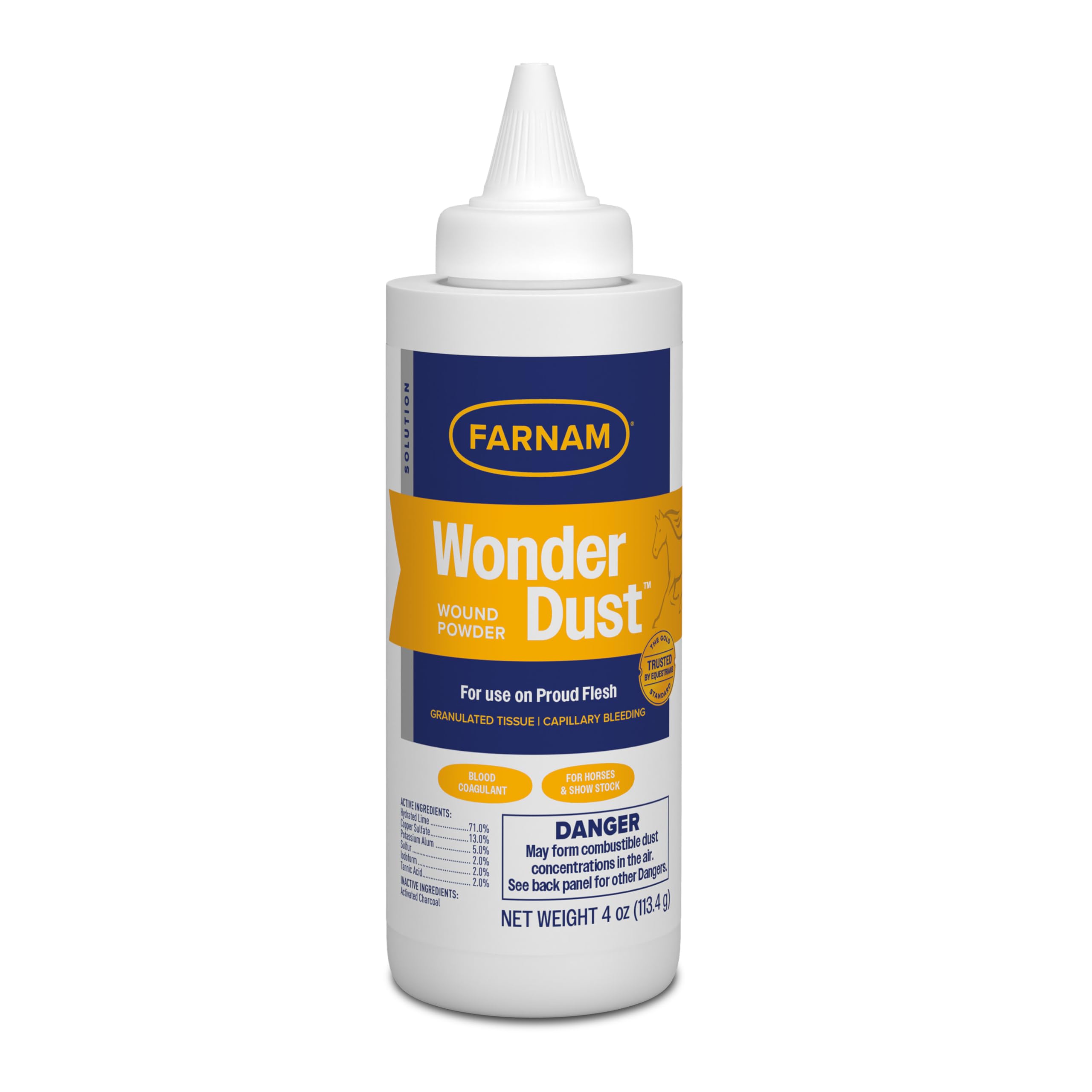 Farnam Wonder Dust, bouteille-poudre prête à l’emploi pour les saignements mineurs chez les chevaux.