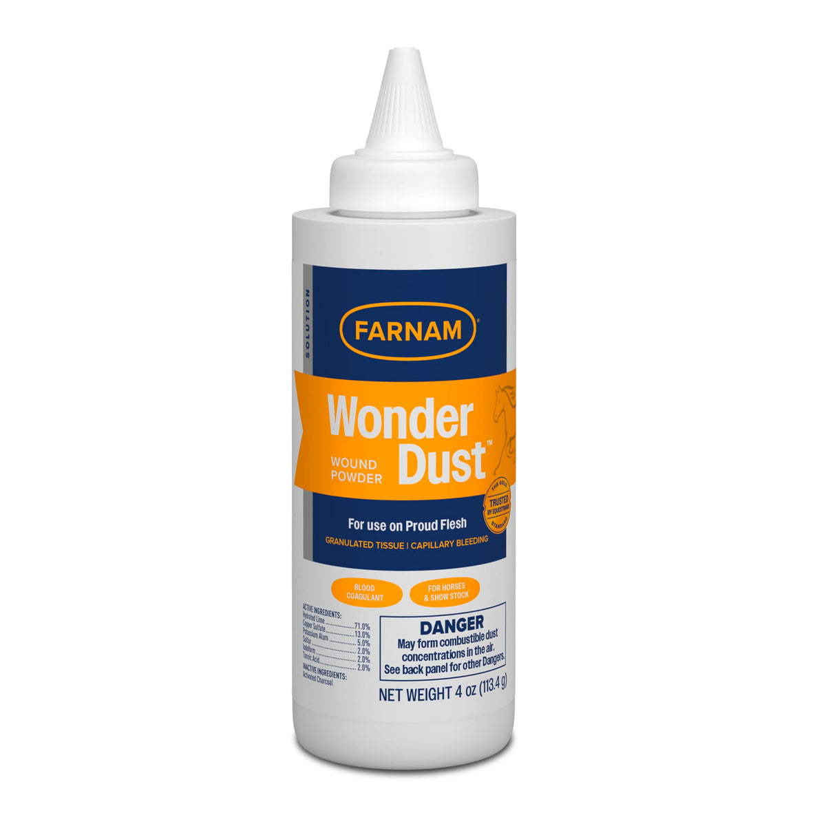Farnam Wonder Dust, bouteille-poudre prête à l’emploi pour les saignements mineurs chez les chevaux.