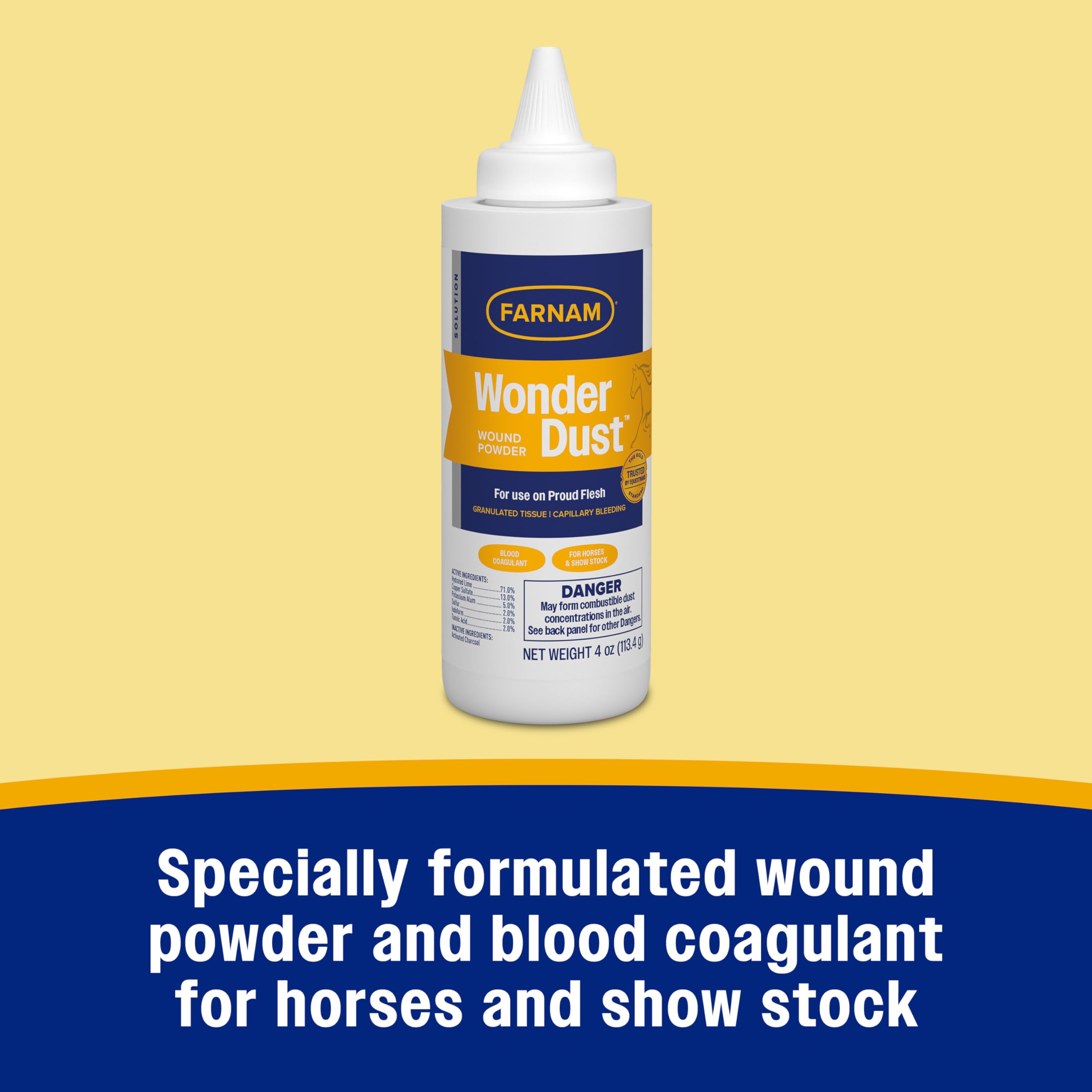 Farnam Wonder Dust favorise la coagulation sur une plaie exposée chez un cheval.