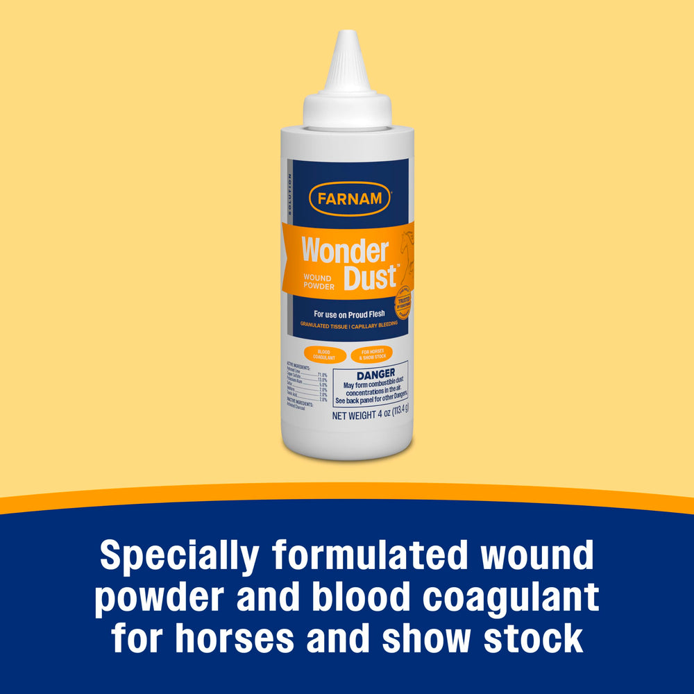 Farnam Wonder Dust favorise la coagulation sur une plaie exposée chez un cheval.