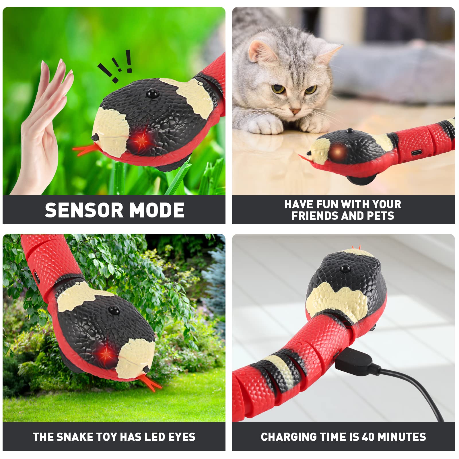 FauKait serpent interactif rose, yeux clignotants attirant l’attention du chat