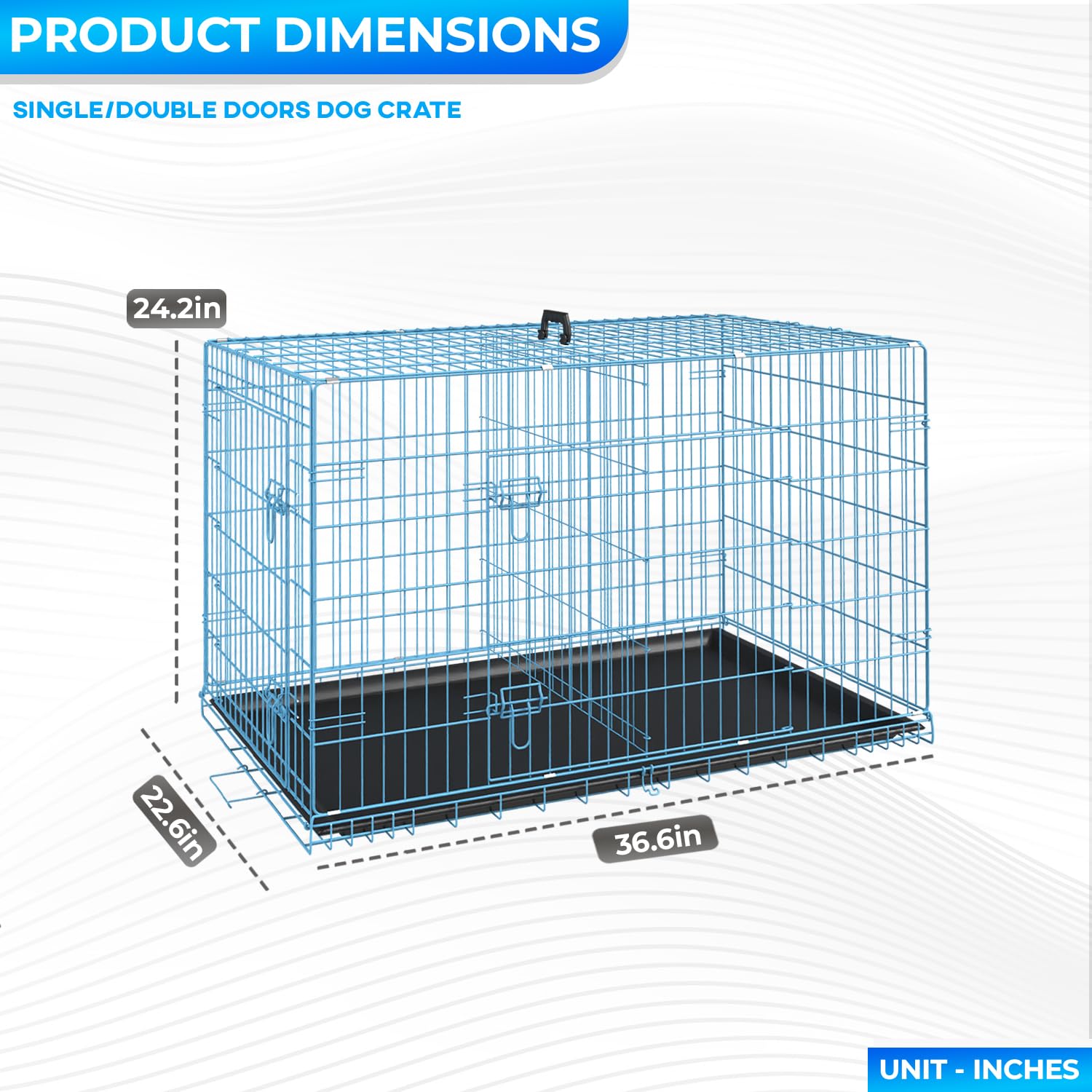 FDW cage chien 36 pouces bleue, bords arrondis pour la sécurité.