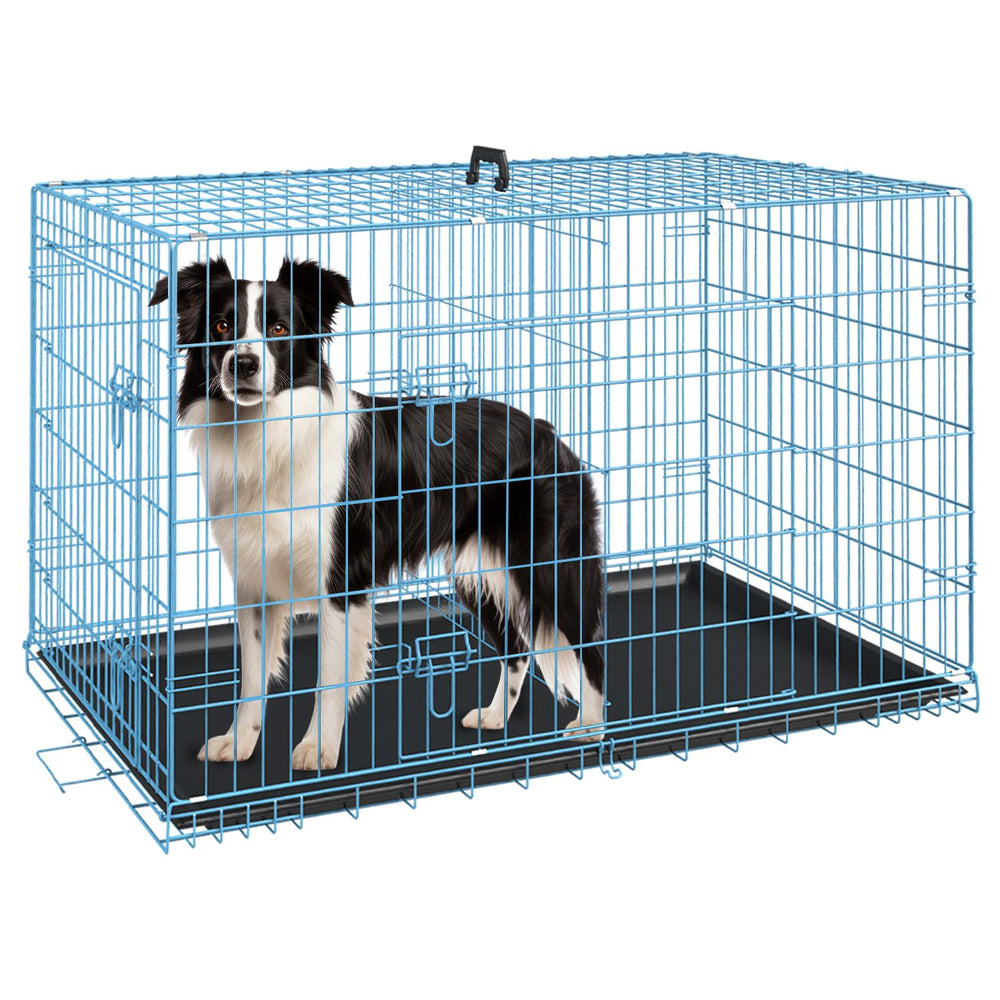 FDW cage chien 36 pouces bleue vue frontale, idéale pour le transport et le repos.