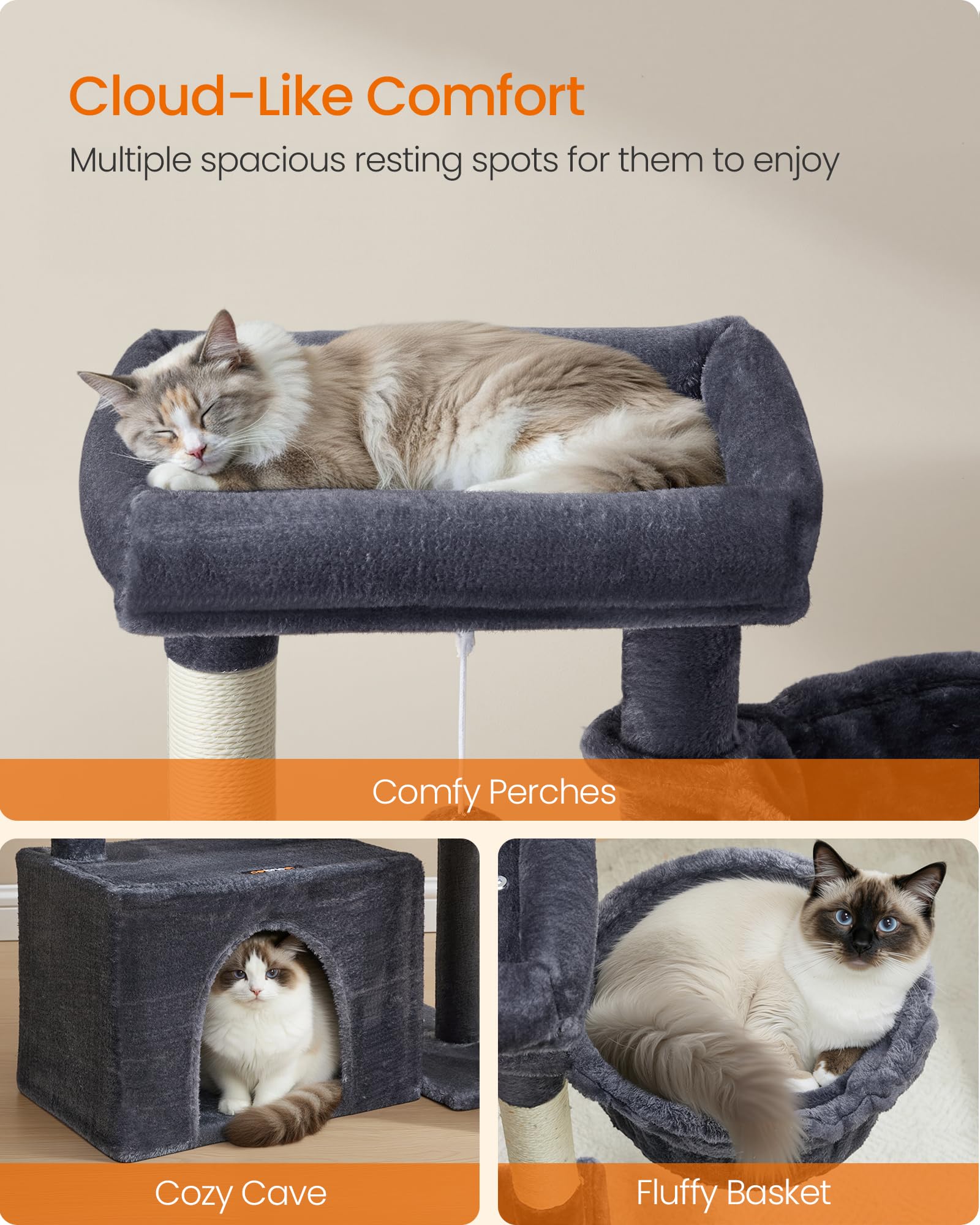 Feandrea arbre chat cave et panier gris foncé, coin privé pour se cacher